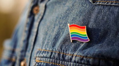 A small Pride flag pin on a person's denim shirt.